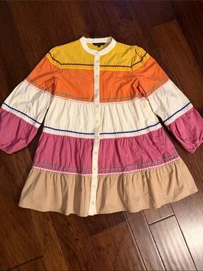 Button-Front Tiered Mini Dress in Yellow, Orange, Pink, White & Tan